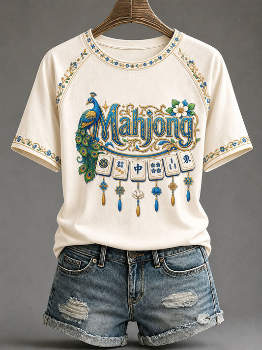 Women's Funny Mahjong Print Casual T-Shirt