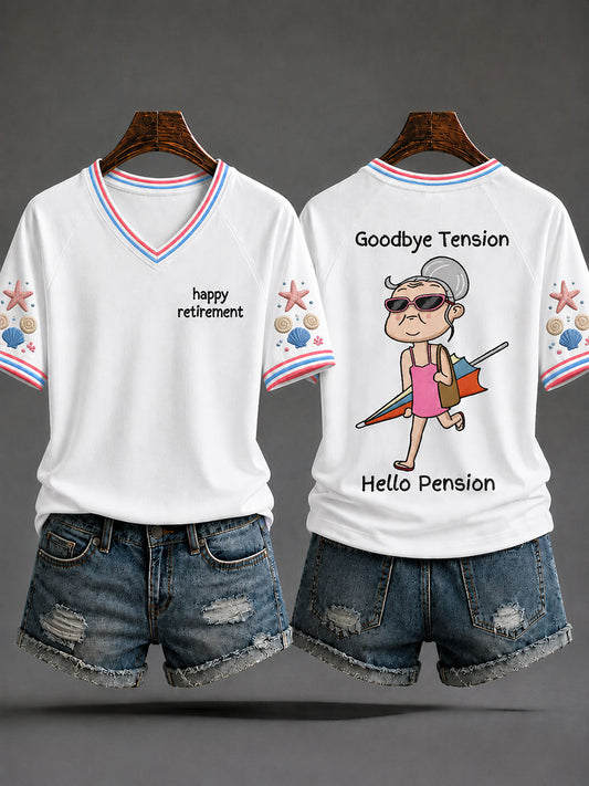 Women's "Goodbye Tension Hello Pension" Casual T-shirt