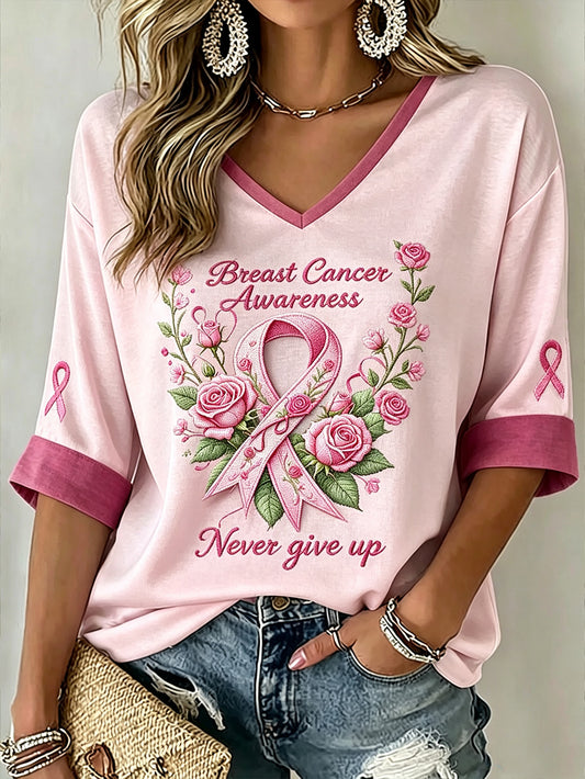 Women's Breast Cancer Awareness Main Pattern Printed Mid-length Sleeves V-Neck T-Shirt