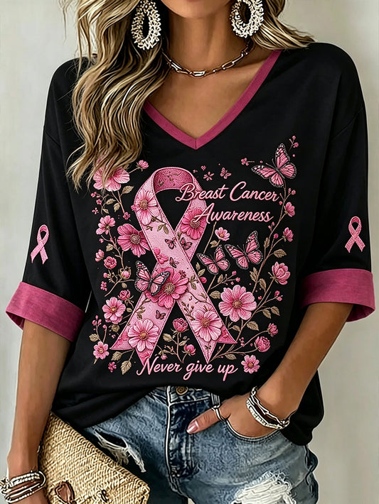 Women's Breast Cancer Awareness Main Pattern Printed Mid-length Sleeves V-Neck T-Shirt