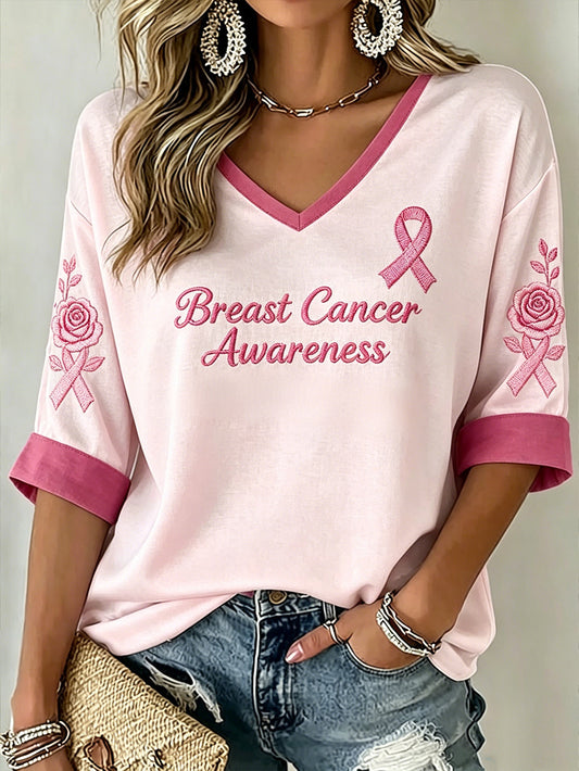 Women's Breast Cancer Awareness Main Pattern Printed Mid-length Sleeves V-Neck T-Shirt