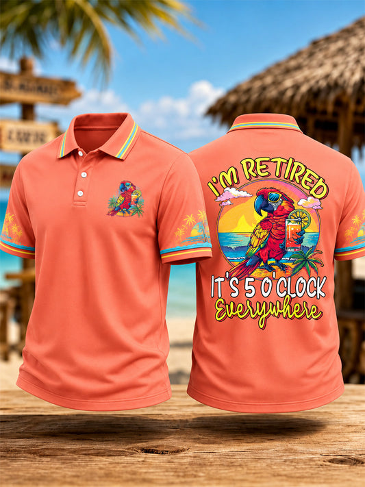 Men's I'm Retired It's 5 O'clock Everywhere Parrot Print Casual Polo