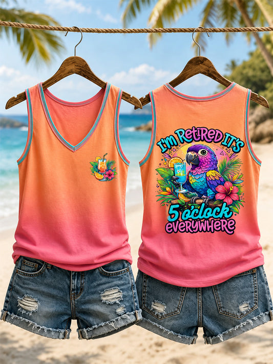 Women's I'm Retired It's 5 O'clock Everywhere Parrot Print Casual V-Neck Vest
