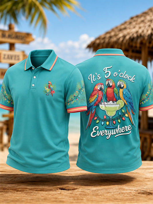 Men's I'm Retired It's 5 O'clock Everywhere Parrot Print Casual Polo