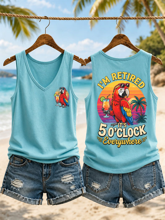 Women's I'm Retired It's 5 O'clock Everywhere Parrot Print Casual V-Neck Vest