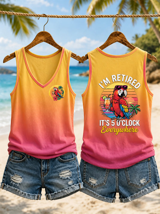 Women's I'm Retired It's 5 O'clock Everywhere Parrot Print Casual V-Neck Vest