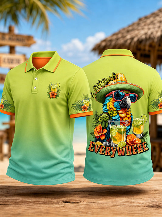 Men's I'm Retired It's 5 O'clock Everywhere Parrot Print Casual Polo