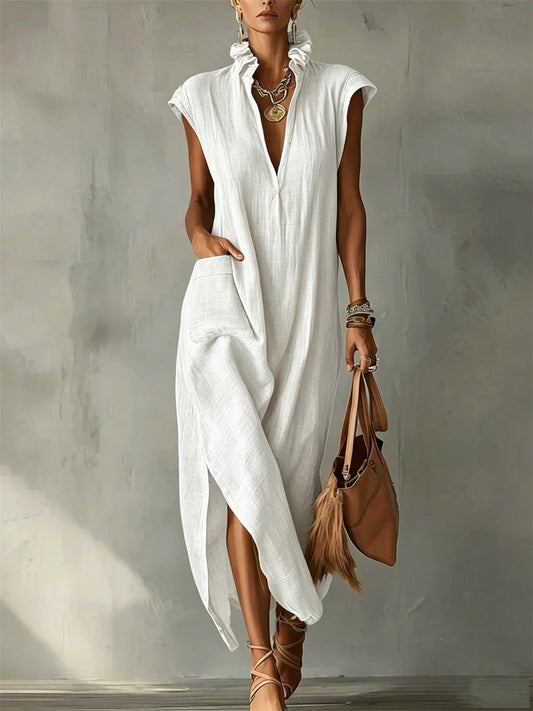 Women's Patch Pocket Ruffle V Neck Side Slit Maxi Dress
