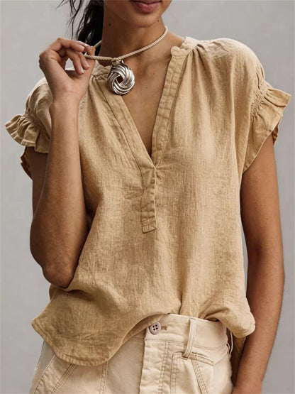 Women's Simple Ruffle Sleeve linen short-sleeved T-shirt