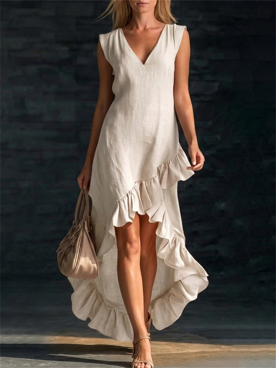Women's Classy Ruffle Trim Silt Bottom Flowy Maxi Dress