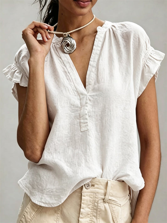 Women's Simple Ruffle Sleeve linen short-sleeved T-shirt