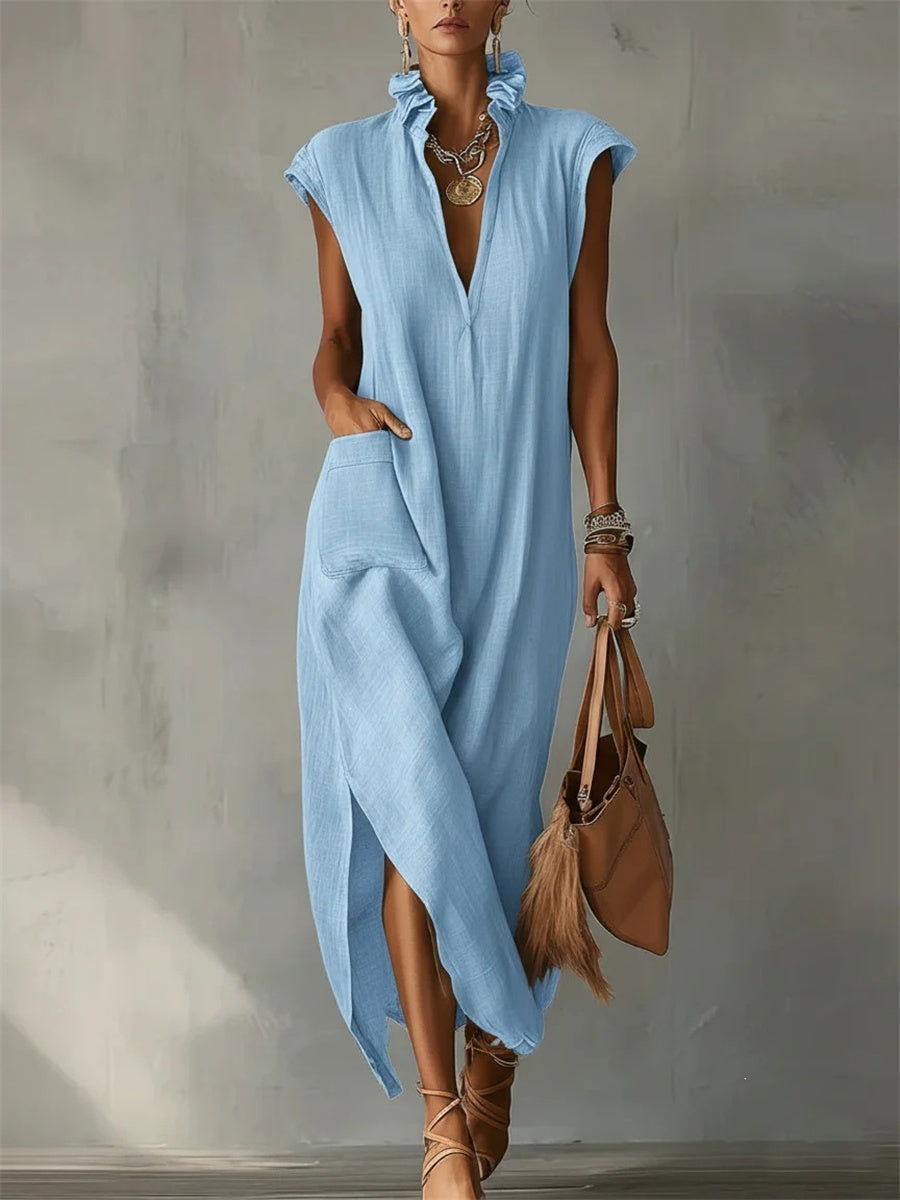 Women's Patch Pocket Ruffle V Neck Side Slit Maxi Dress