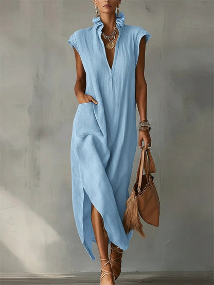 Women's Patch Pocket Ruffle V Neck Side Slit Maxi Dress