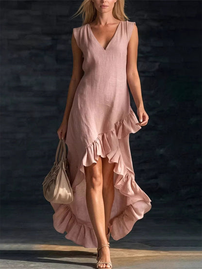 Women's Classy Ruffle Trim Silt Bottom Flowy Maxi Dress