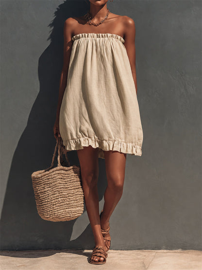 Women's Vintage Ruffle Trim Strapless Puff Mini Dress