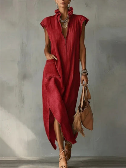 Women's Patch Pocket Ruffle V Neck Side Slit Maxi Dress