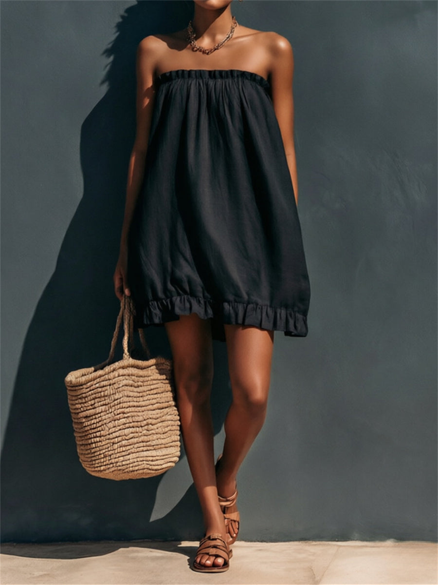 Women's Vintage Ruffle Trim Strapless Puff Mini Dress