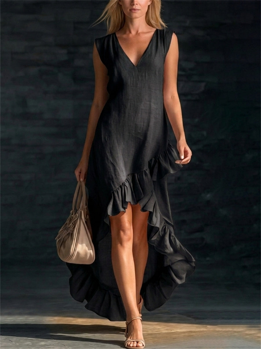 Women's Classy Ruffle Trim Silt Bottom Flowy Maxi Dress
