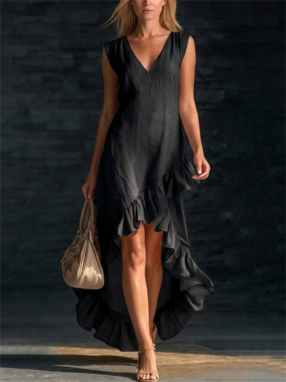 Women's Classy Ruffle Trim Silt Bottom Flowy Maxi Dress