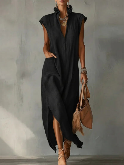 Women's Patch Pocket Ruffle V Neck Side Slit Maxi Dress