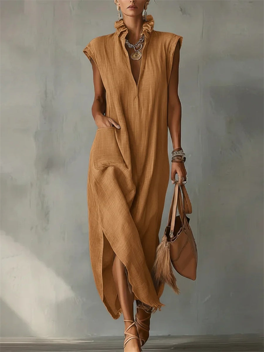 Women's Patch Pocket Ruffle V Neck Side Slit Maxi Dress