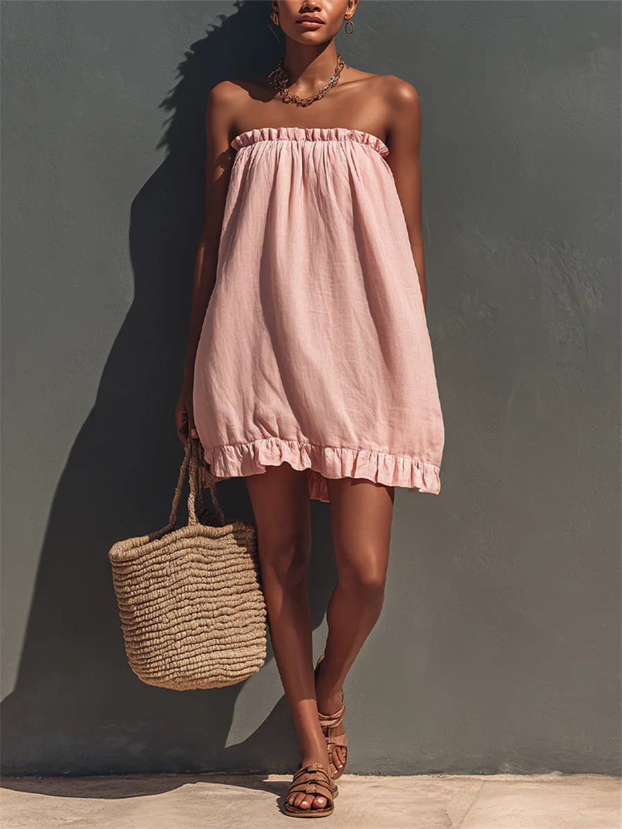 Women's Vintage Ruffle Trim Strapless Puff Mini Dress