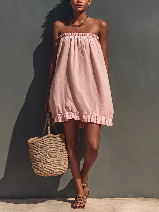 Women's Vintage Ruffle Trim Strapless Puff Mini Dress