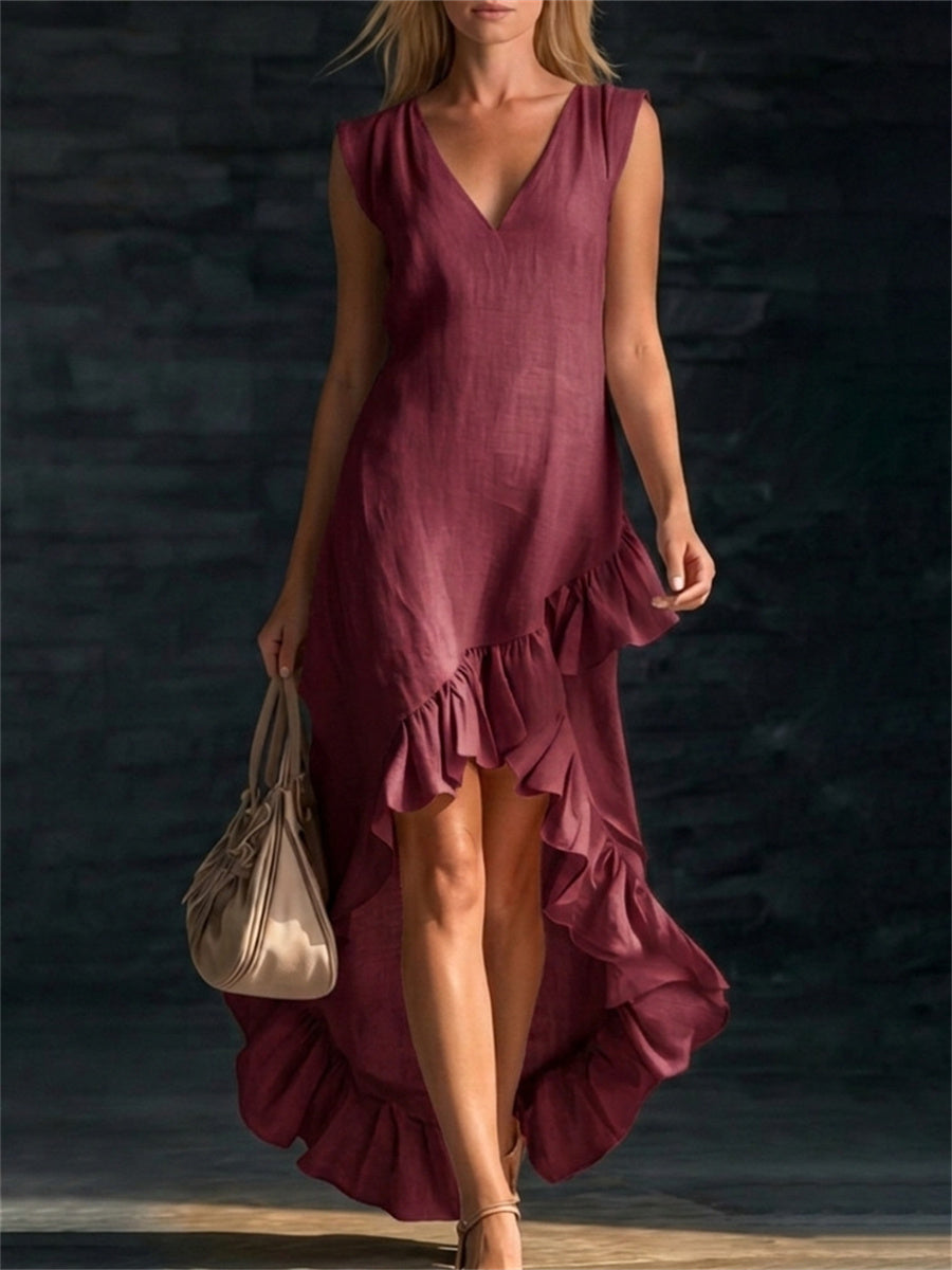 Women's Classy Ruffle Trim Silt Bottom Flowy Maxi Dress