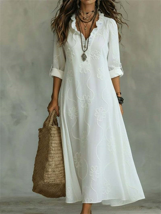 Women's Classy Floral Pattern Ruffle Trim V Neck Maxi Dress