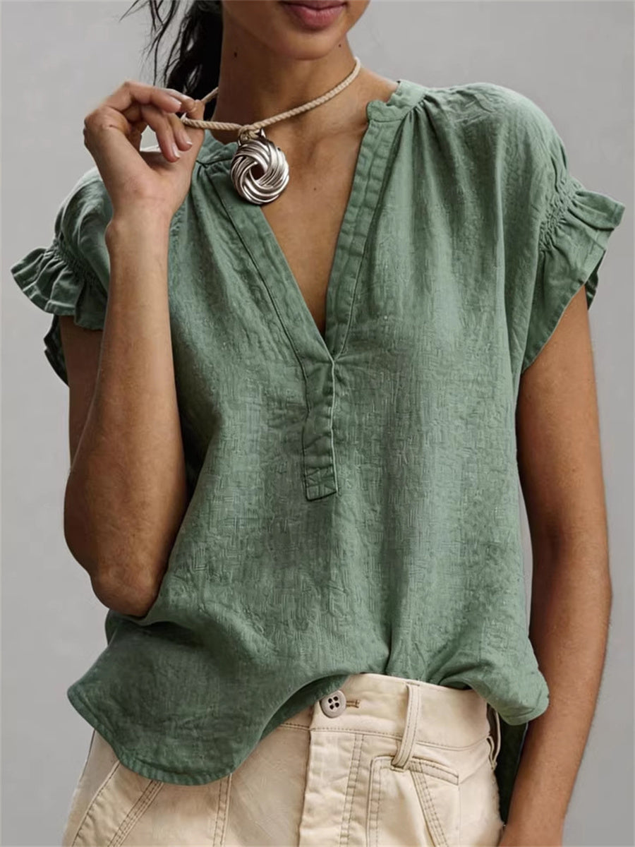 Women's Simple Ruffle Sleeve linen short-sleeved T-shirt