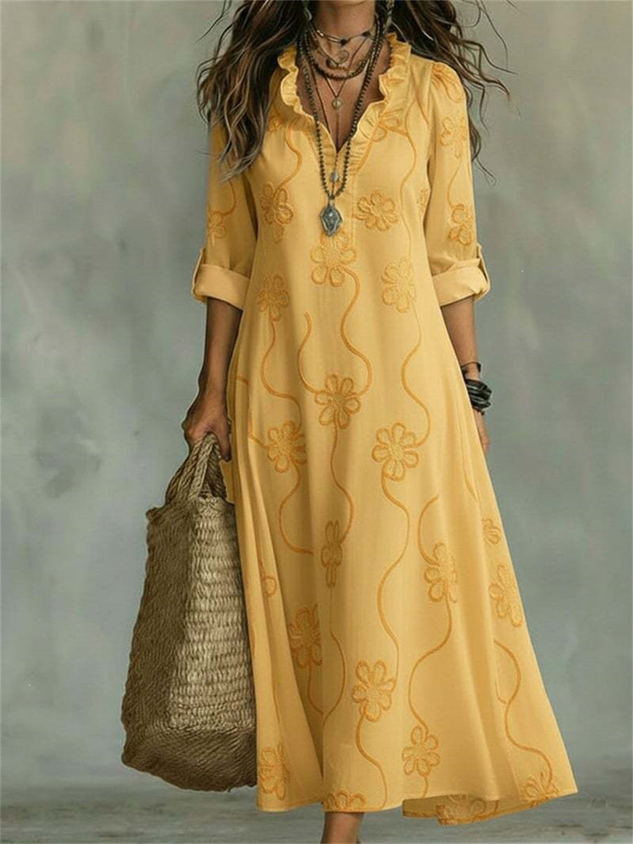 Women's Classy Floral Pattern Ruffle Trim V Neck Maxi Dress