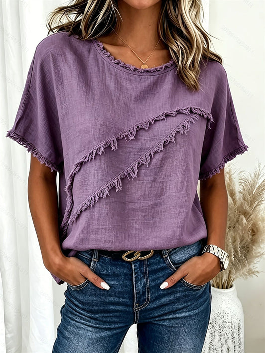Women's Frayed Fringe Trim Patchwork linen short-sleeved T-shirt