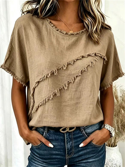 Women's Frayed Fringe Trim Patchwork linen short-sleeved T-shirt