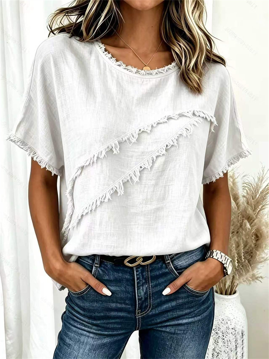 Women's Frayed Fringe Trim Patchwork linen short-sleeved T-shirt