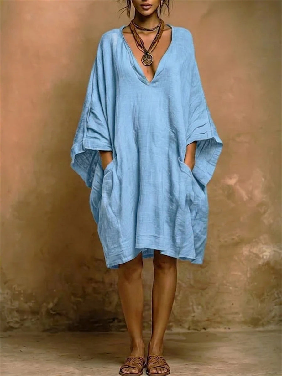 Women's Big Pockets Simple Oversize Flowy Linen Dress