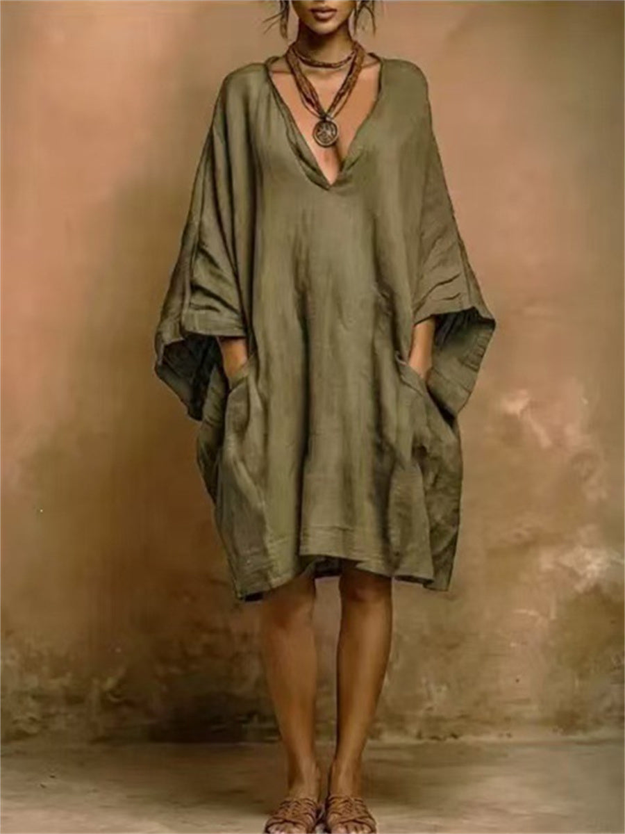 Women's Big Pockets Simple Oversize Flowy Linen Dress