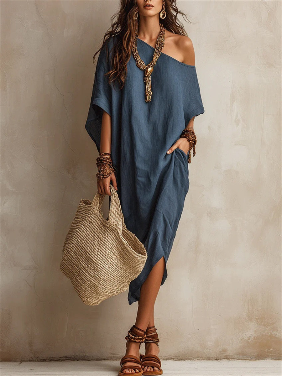 Women's Simple Off Shoulder Oversize Flowy Midi Dress