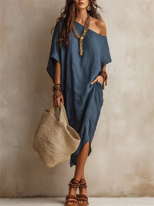 Women's Simple Off Shoulder Oversize Flowy Midi Dress