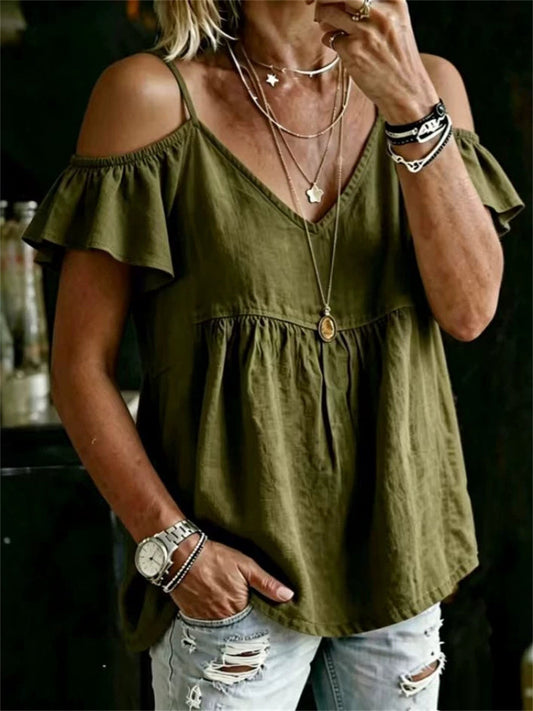 Women's Vintage Off Shoulder Ruffle Sleeve Boho linen Shirt