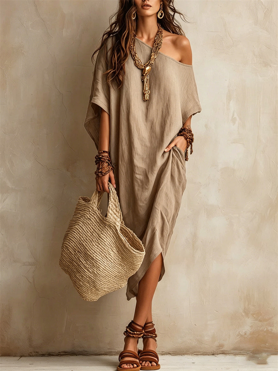 Women's Simple Off Shoulder Oversize Flowy Midi Dress