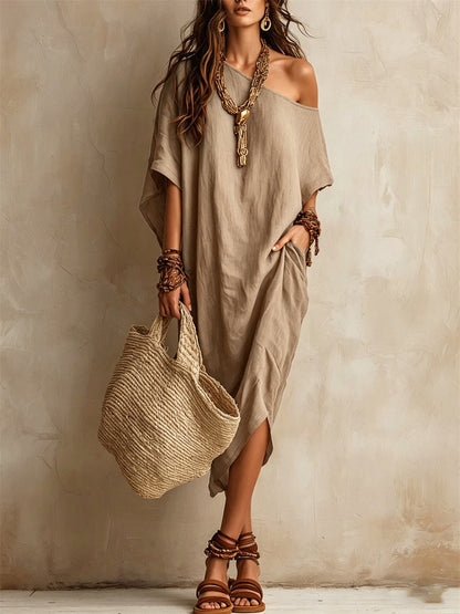 Women's Simple Off Shoulder Oversize Flowy Midi Dress