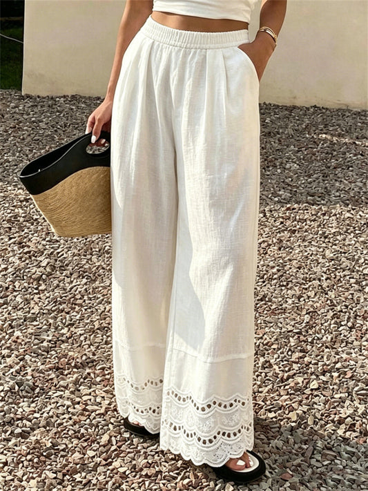 Women's Vintage Pinched Lace Bottom Comfy Wide Leg Pants