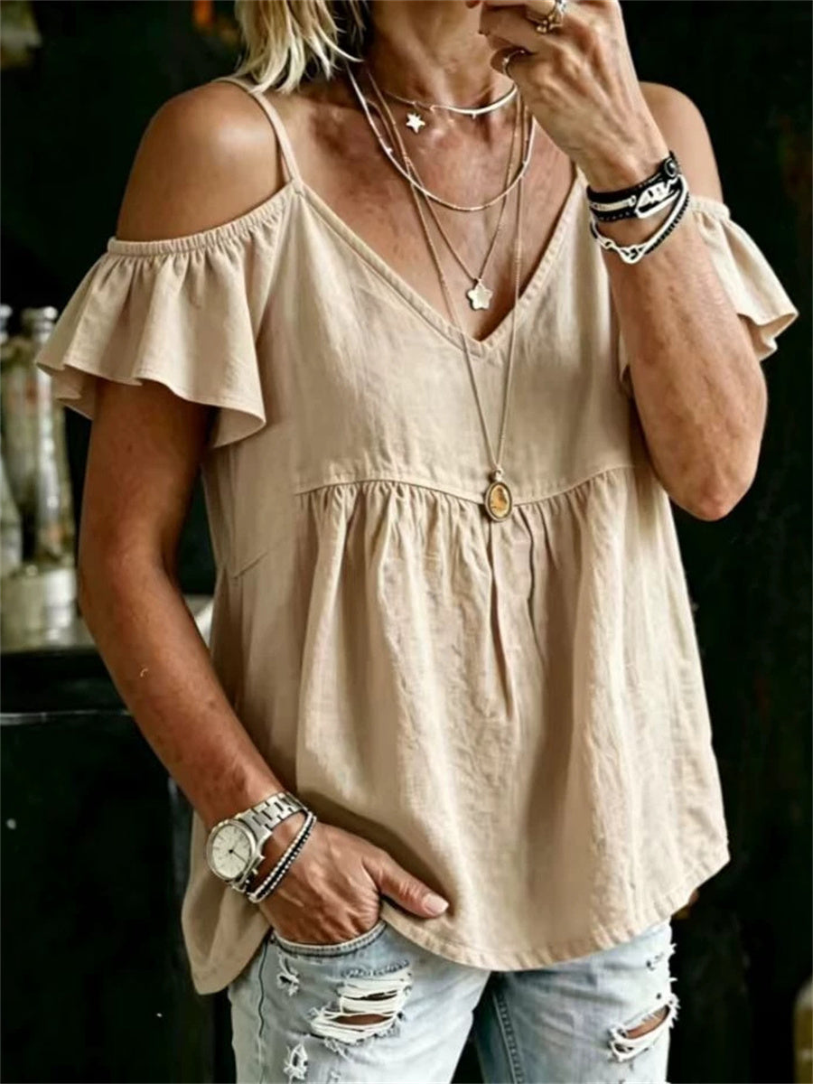 Women's Vintage Off Shoulder Ruffle Sleeve Boho linen Shirt