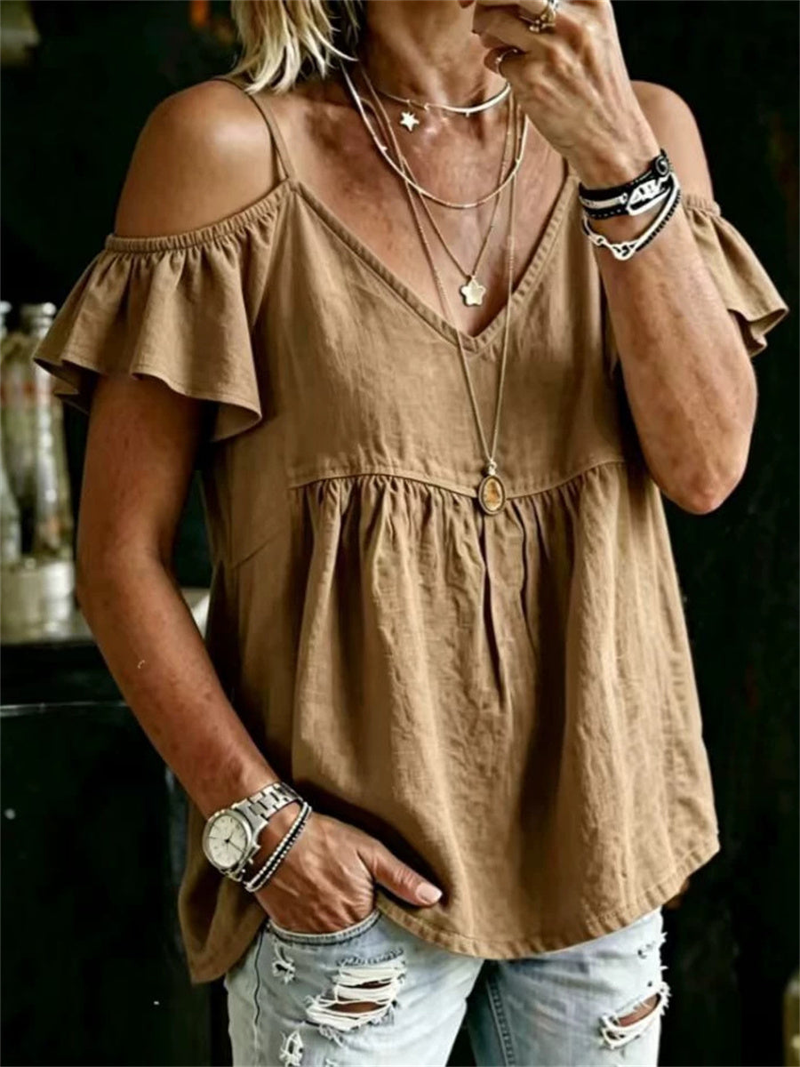 Women's Vintage Off Shoulder Ruffle Sleeve Boho linen Shirt
