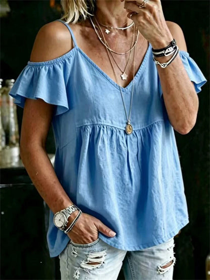 Women's Vintage Off Shoulder Ruffle Sleeve Boho linen Shirt