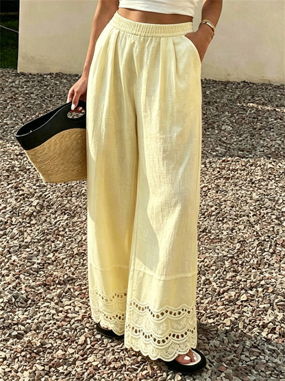 Women's Vintage Pinched Lace Bottom Comfy Wide Leg Pants