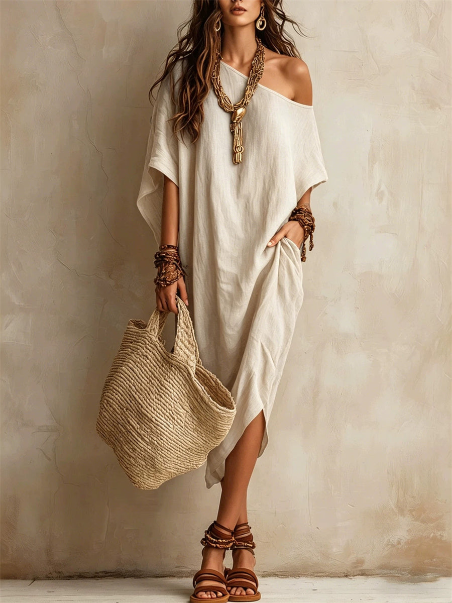 Women's Simple Off Shoulder Oversize Flowy Midi Dress