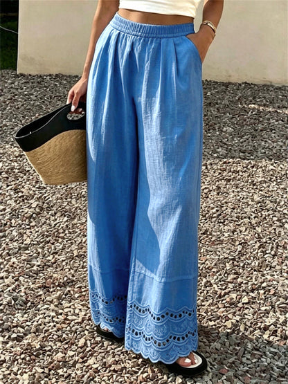 Women's Vintage Pinched Lace Bottom Comfy Wide Leg Pants