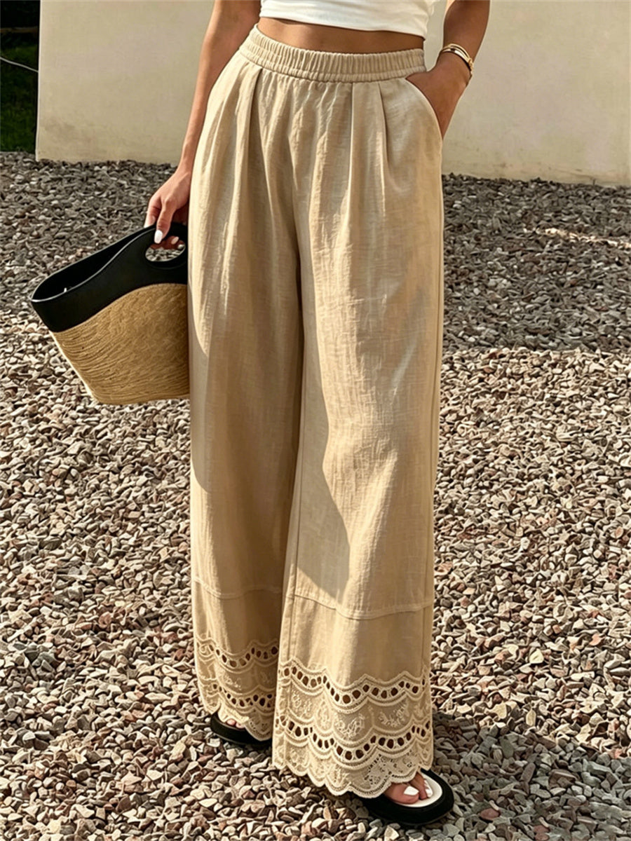 Women's Vintage Pinched Lace Bottom Comfy Wide Leg Pants