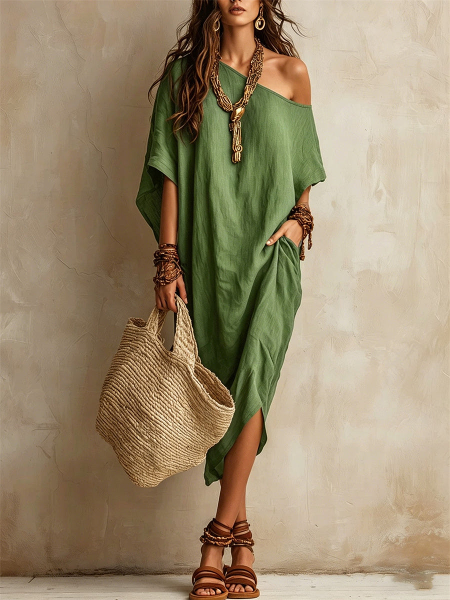 Women's Simple Off Shoulder Oversize Flowy Midi Dress